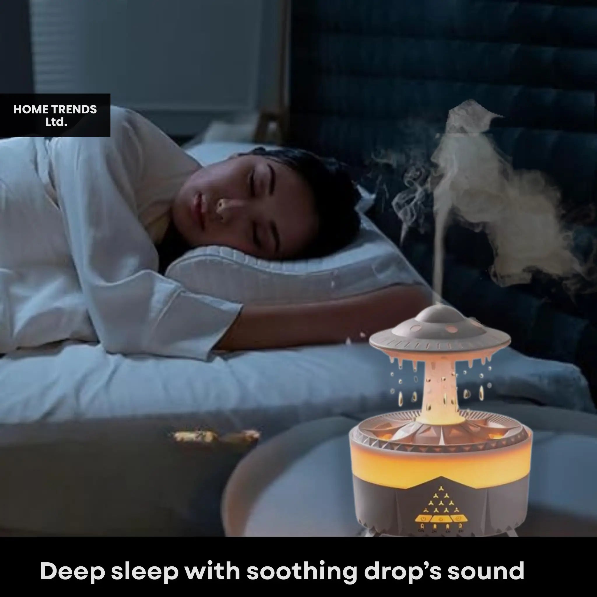 Person lying in bed with a diffuser emitting steam, labeled 'Nebula Shimmer'