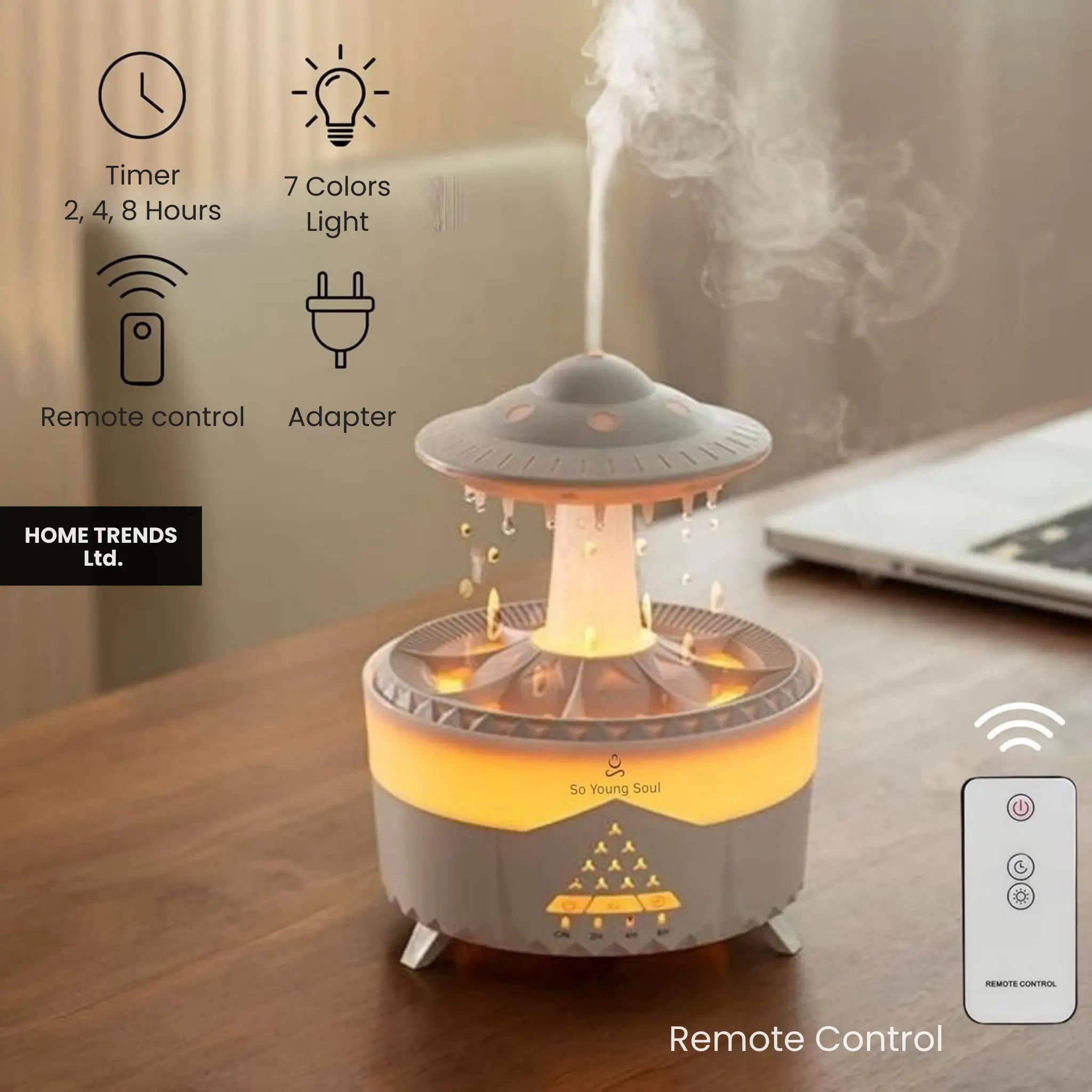 UFO-shaped Diffuser with remote control on a wooden surface, featuring HOME TRENDS Ltd. branding